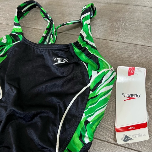 NWT Speedo Racing Swim One Piece Swimsuit Sz 26 Black/ Kelly Green - Picture 8 of 9